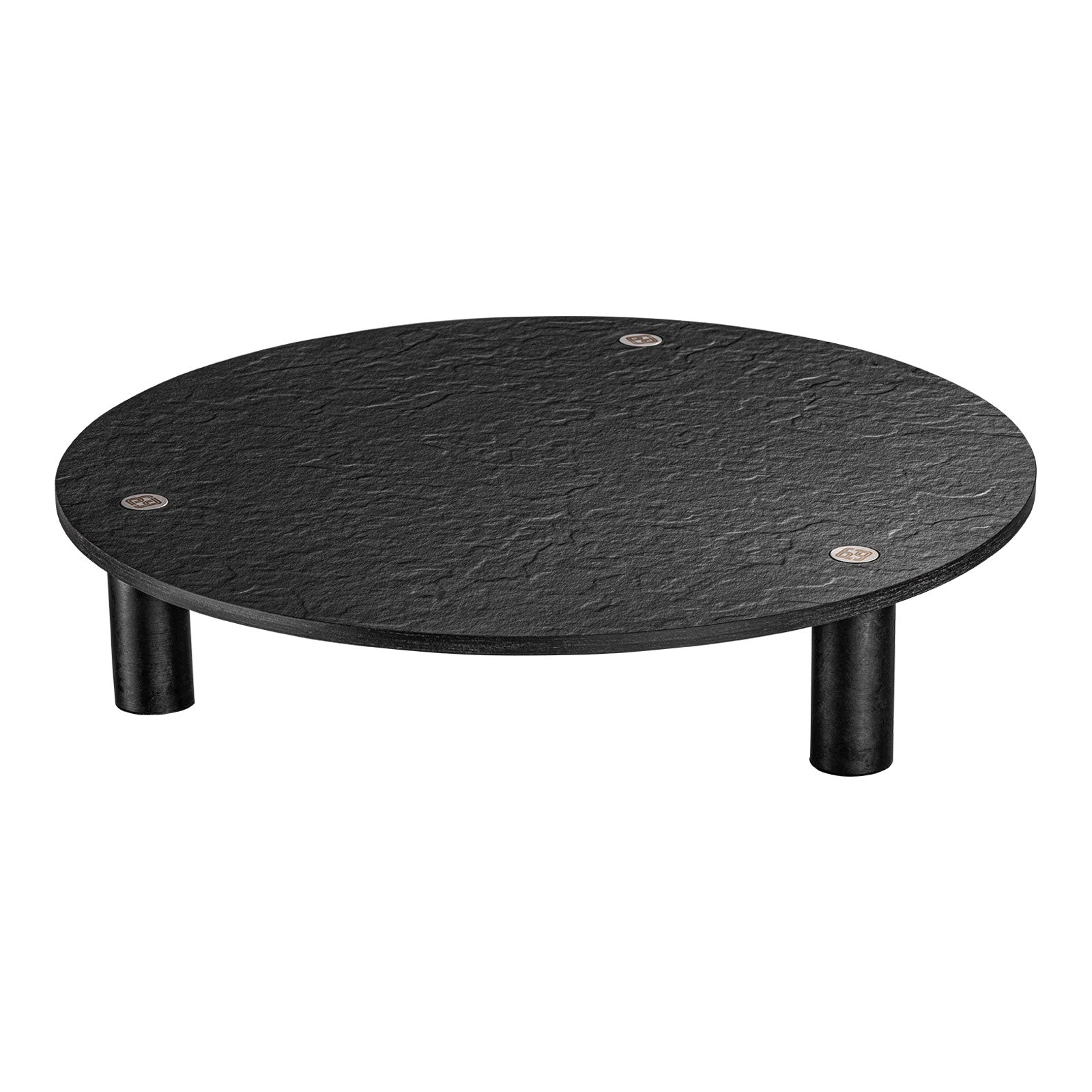 Runde, schwarze Buffet-Platte in Schieferoptik mit Schraubfüßen in der Seitenansicht.