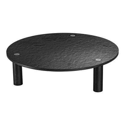 Runde, schwarze Platte für das Buffet in Schieferoptik mit hohen Schraubfüßen vor weißem Hintergrund. 
